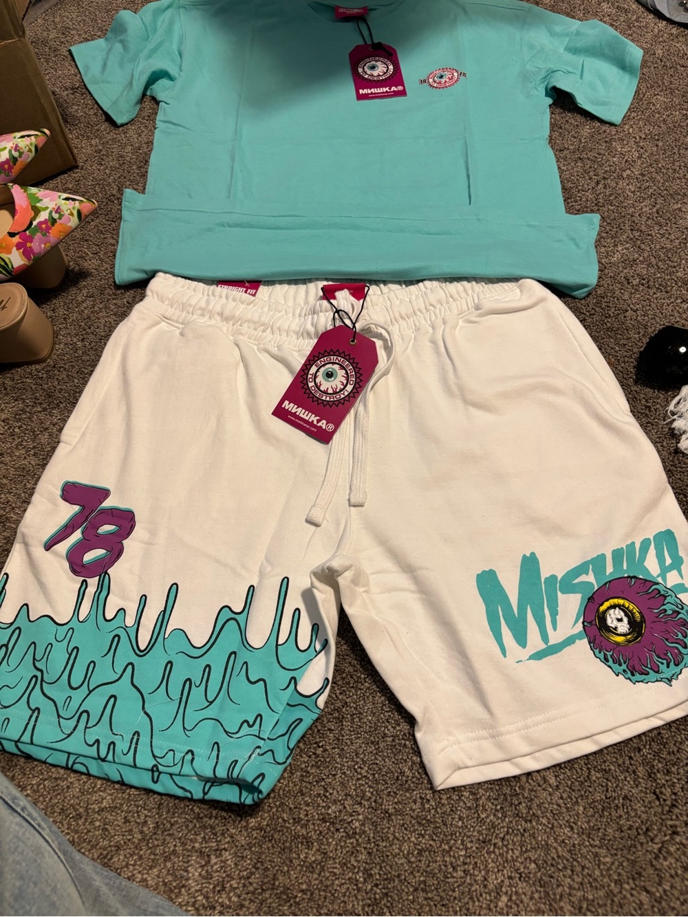 Mishka Teal Graphic Tee & White Shorts with Purple Eye